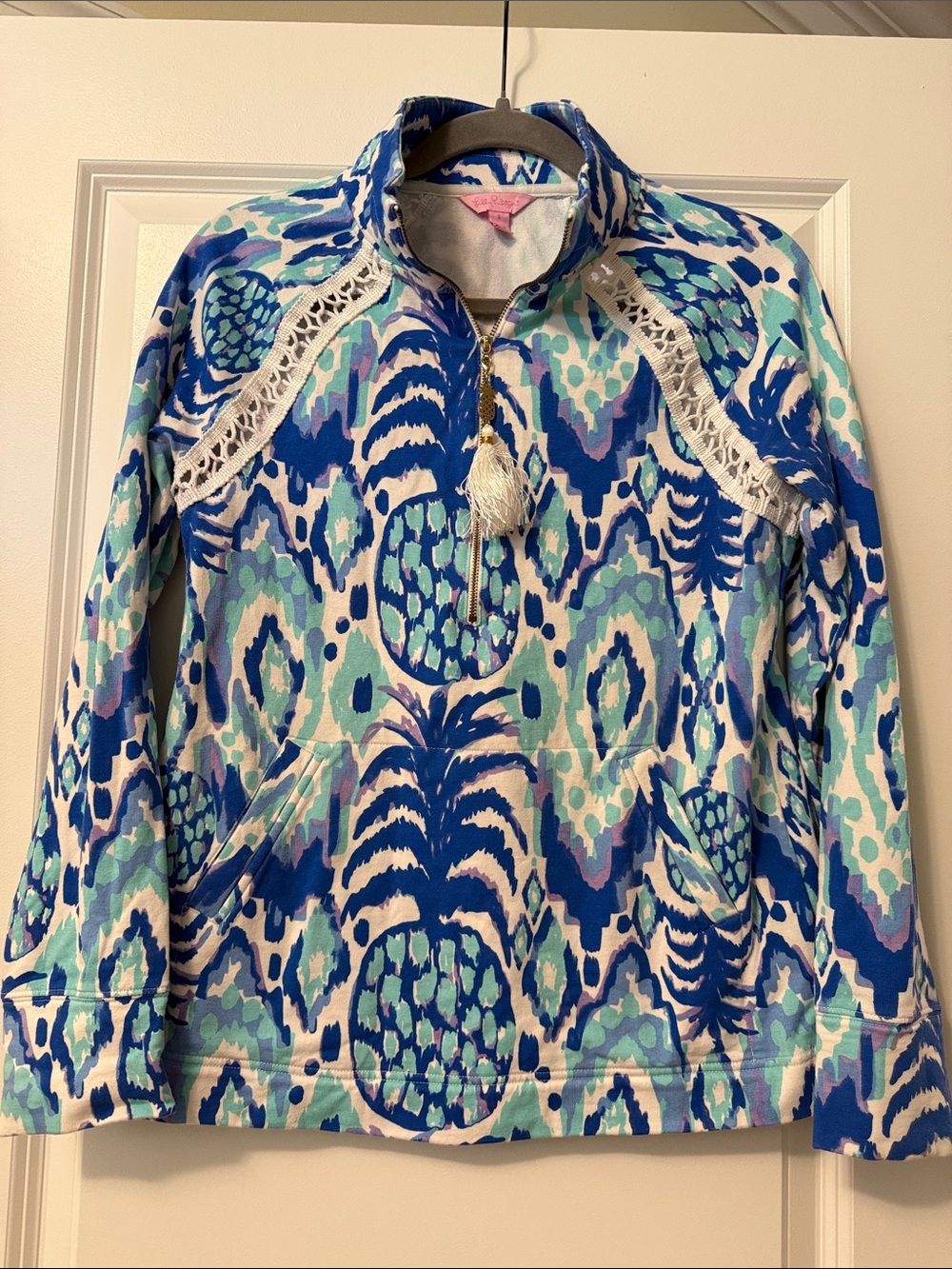 Lilly Pulitzer Blue & Aqua Printed Pullover Jacket with Tassel Zip